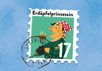 SONNENTOR Gewürzadventkalender - Türchen 17: Die Illustration zeigt Sieglinde mit einem Erdäpfel auf einer Gabel! | © SONNENTOR