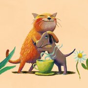 Illustration einer orangefarbenen Katze, die liebevoll einen kleinen Dackel umarmt, der vor einer dampfenden Teetasse sitzt. Der Hintergrund ist warm beige mit einer kleinen Blume am Rand. | © SONNENTOR
