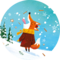 Illustration of a fox with a thick hood and scarf in a snowy landscape, catching the falling snowflakes in the form of stars, cinnamon sticks and balls with his outstretched tongue. | © SONNENTOR