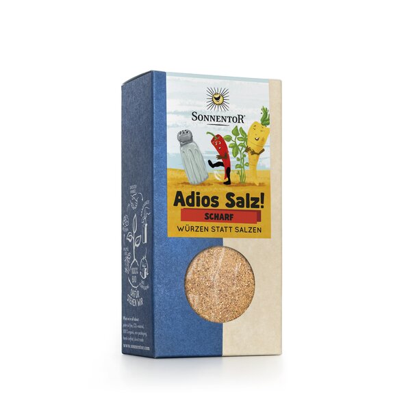 A photo of a pack Adios Salt! Vegetable mix spicy. On the package, a pepperoni and a carrot are pushing away the salt.