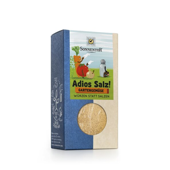 Photo of a pack Adios salt. On it you can see various vegetables waving after the salt.