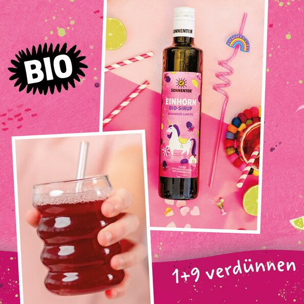 Illustration eines Glases und der Einhorn Sirup Flasche von SONNENTOR auf  beerefarbenem Hintergrund mit dem Hinweis: "1+9 verdünnen".