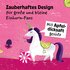 Illustration eines Einhorns und dem Text: "Zauberhaftes Design für große und kleine Einhorn Fans, sowie dass mit Apfeldicksaft gesüßt" auf  beerefarbenem Hintergrund.