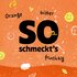 Illustration mit Text: "So schmeckts Orange, bitter, fruchtig"  auf orangen Hintergrund.