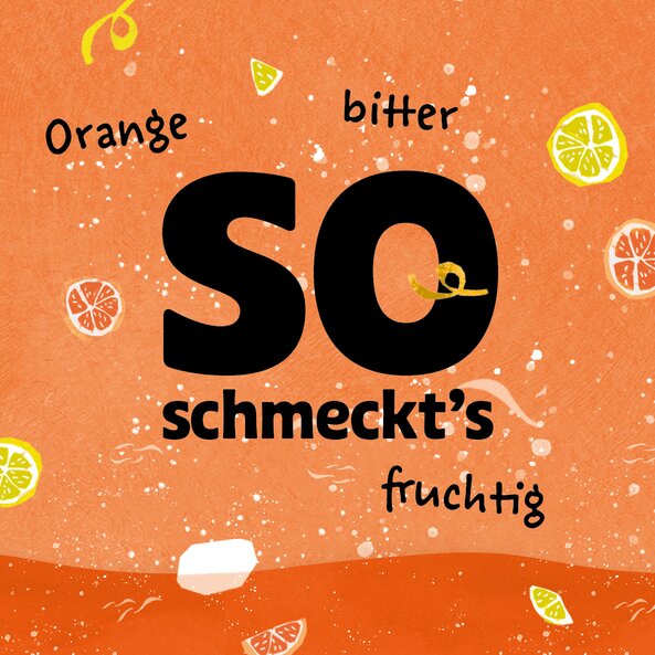 Illustration mit Text: "So schmeckts Orange, bitter, fruchtig"  auf orangen Hintergrund.