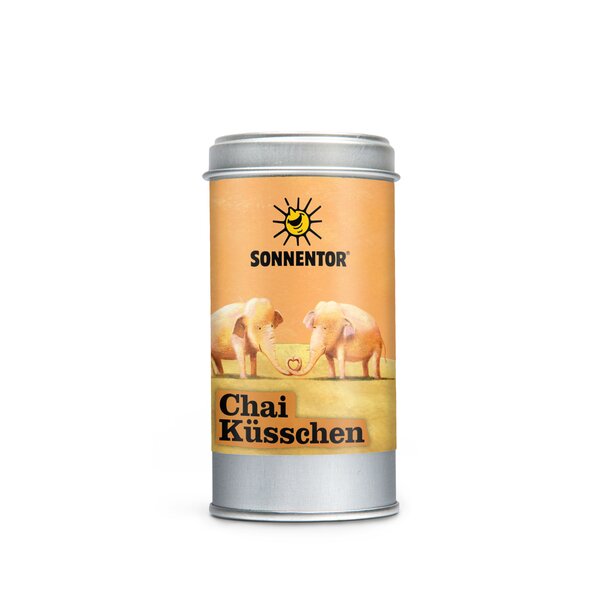 Photo of a Spice Tin Chai Kiss Spice Preparation. On the spice tin is a illustration in which two elephants form a heart with their elephant trunks