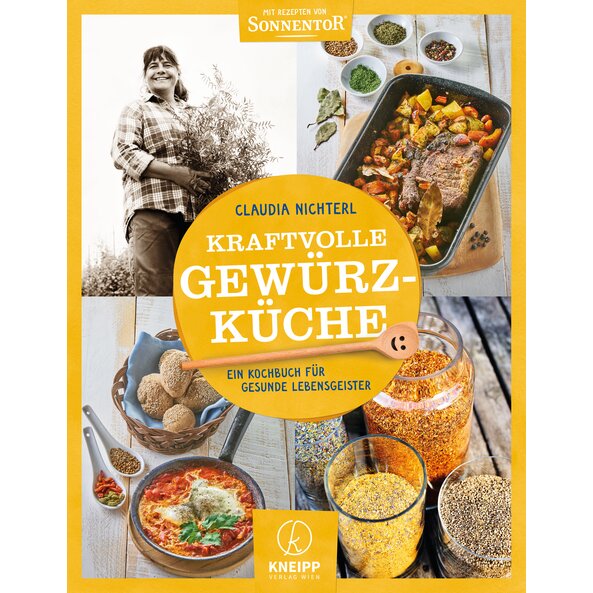Zu sehen ist das Cover des Buches Kraftvolle Gewürz-Küche. Darauf ist eine Bäuerin abgebildet und leckere Gerichte.