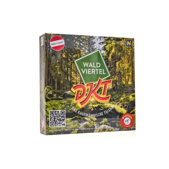 DKT Waldviertel board game in a square cardboard box with a forest motif. The box states that the game was manufactured in Austria by Piatnik (Vienna).