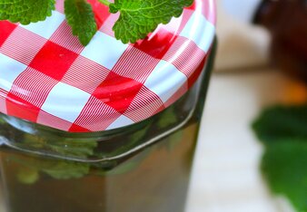 Auf dem Foto ist ein Glas mit Melissengeist zu sehen. Auf dem Glas liegt ein Melissenzweig. | © SONNENTOR