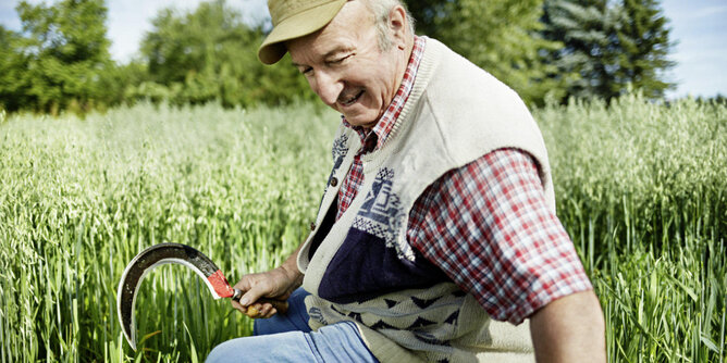 In the photo you can see a farmer working in the field. | © SONNENTOR