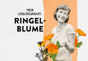 Das Bild zeigt Elisabeth Kainz zwischen Ringelblumen und den Schriftzug "Mein Lieblingskraut: Ringelblume" | © SONNENTOR