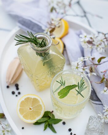 Auf dem Foto ist eine Karaffe und ein Glas Gin alkoholfrei zu sehen. Darin sind auch Thymian, Minze und Zitrone zu sehen. | © SONNENTOR