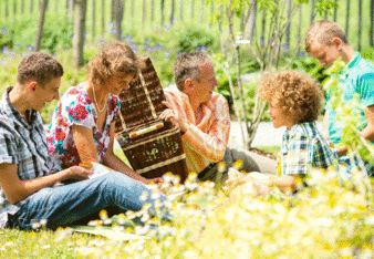 Auf dem Foto sieht man eine Familie beim Picknicken auf einer Wiese. | © SONNENTOR